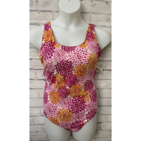 L.L. Bean sun Blocking Sz 18‎ Pink orange Floral One Piece Swimsuit Slimming New - Picture 1 of 9